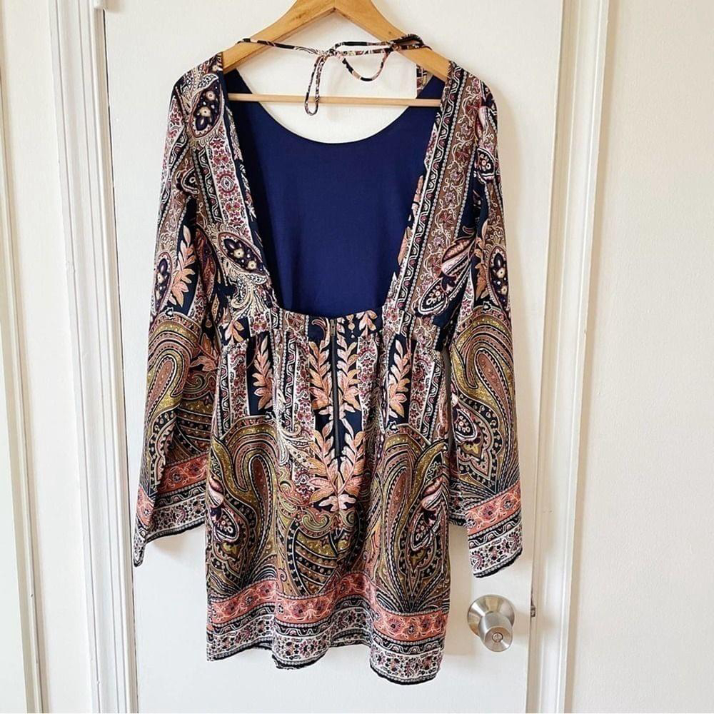 Sage open-back Boho Festival Long-sleeve Dress Paisley A-line Sheath Mini M - Picture 3 of 11